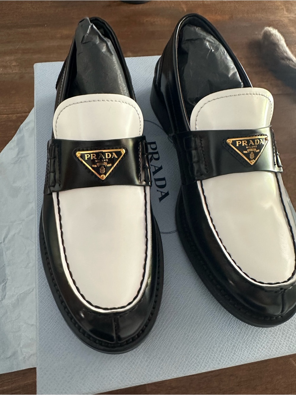Prada Black and White Leather Penny Loafers with Gold Logo - Picture 7 of 14